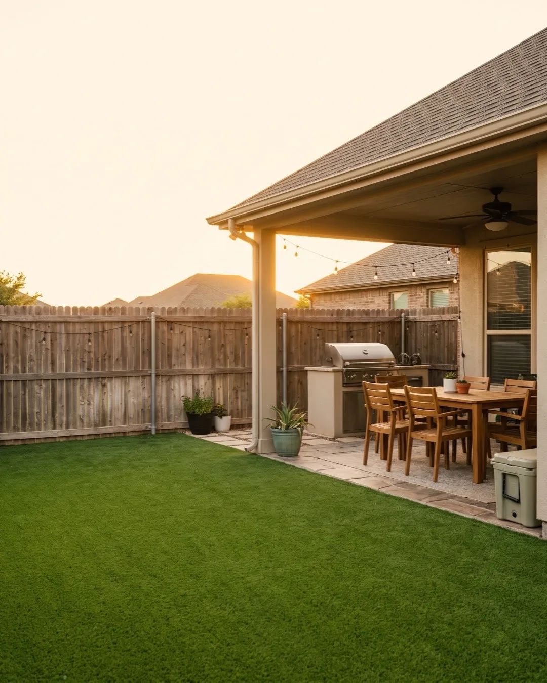 Back yard artificial turf lawn beside a covered patio