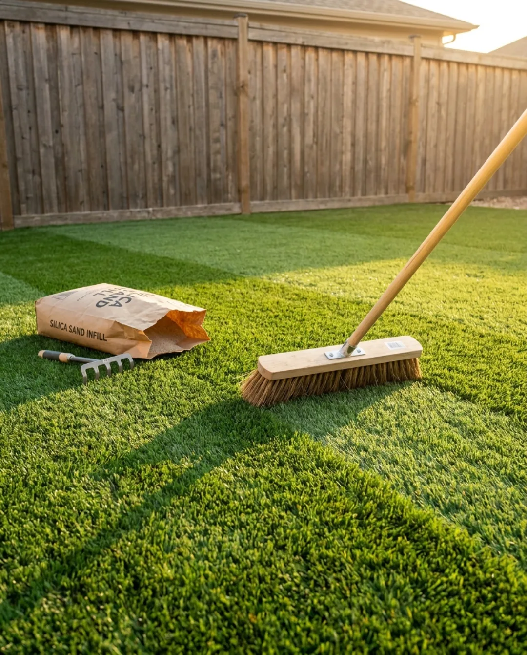 Close-up of artificial turf blades and infill at a paver border