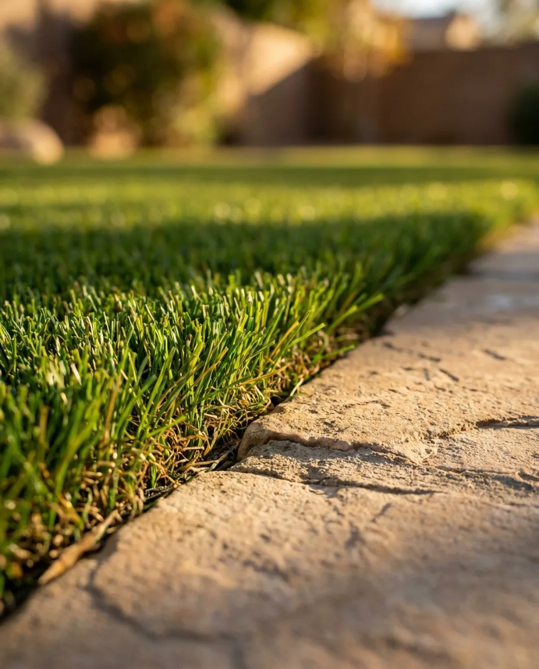 Artificial turf meeting a flagstone path