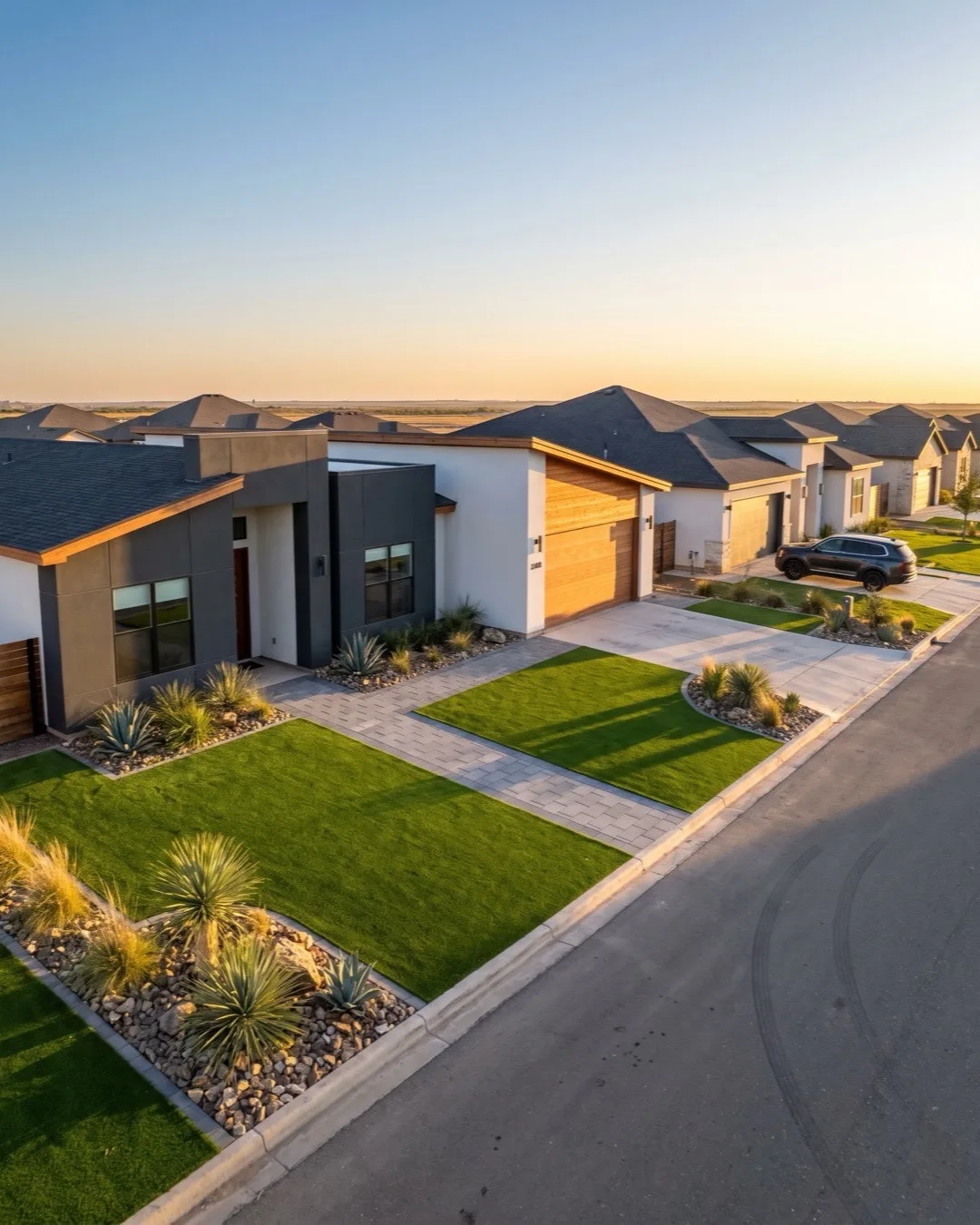 Artificial grass front lawns on a residential street in Lubbock, TX