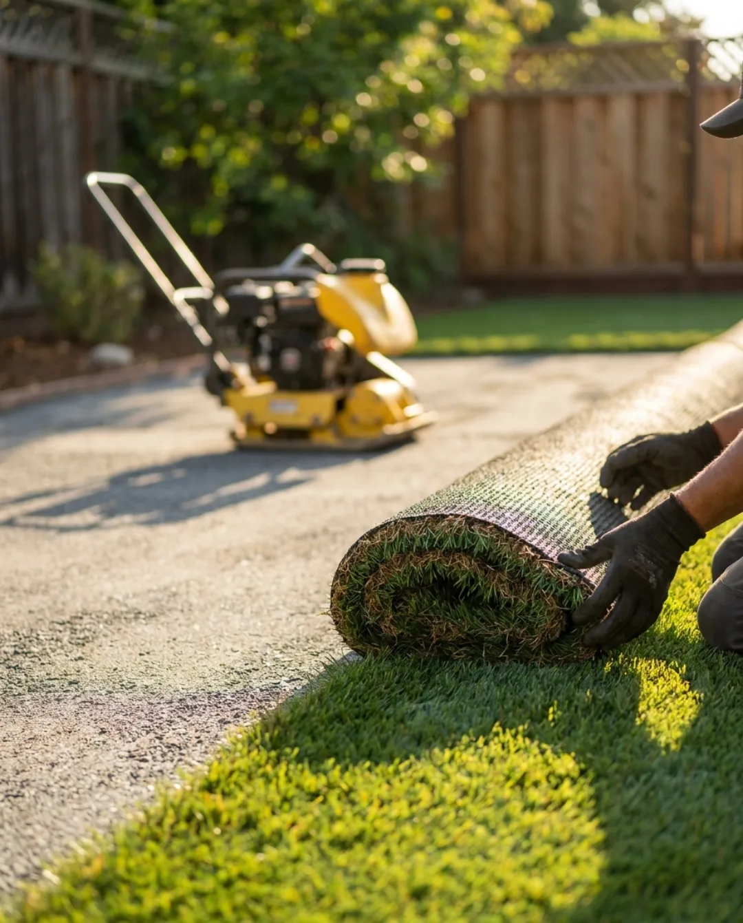 Artificial turf being rolled out over a compacted base during installation