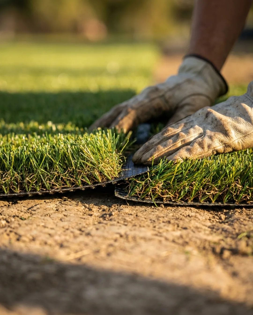 Installers seaming two rolls of artificial turf together