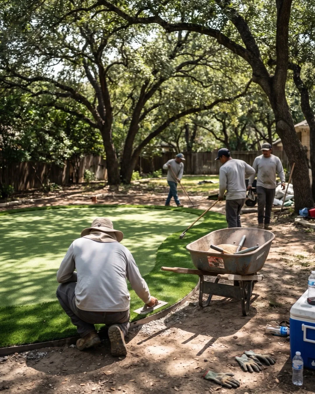Installation crew building a backyard artificial putting green