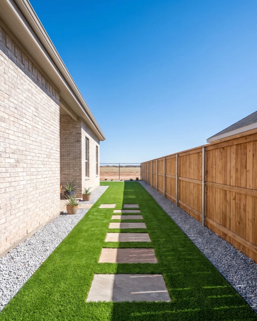 Artificial pet turf dog run along a side yard with stepping stones