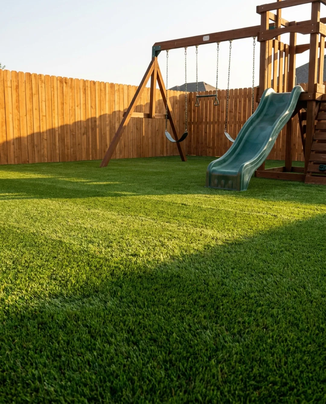 Artificial turf play area with a wooden swing set and slide