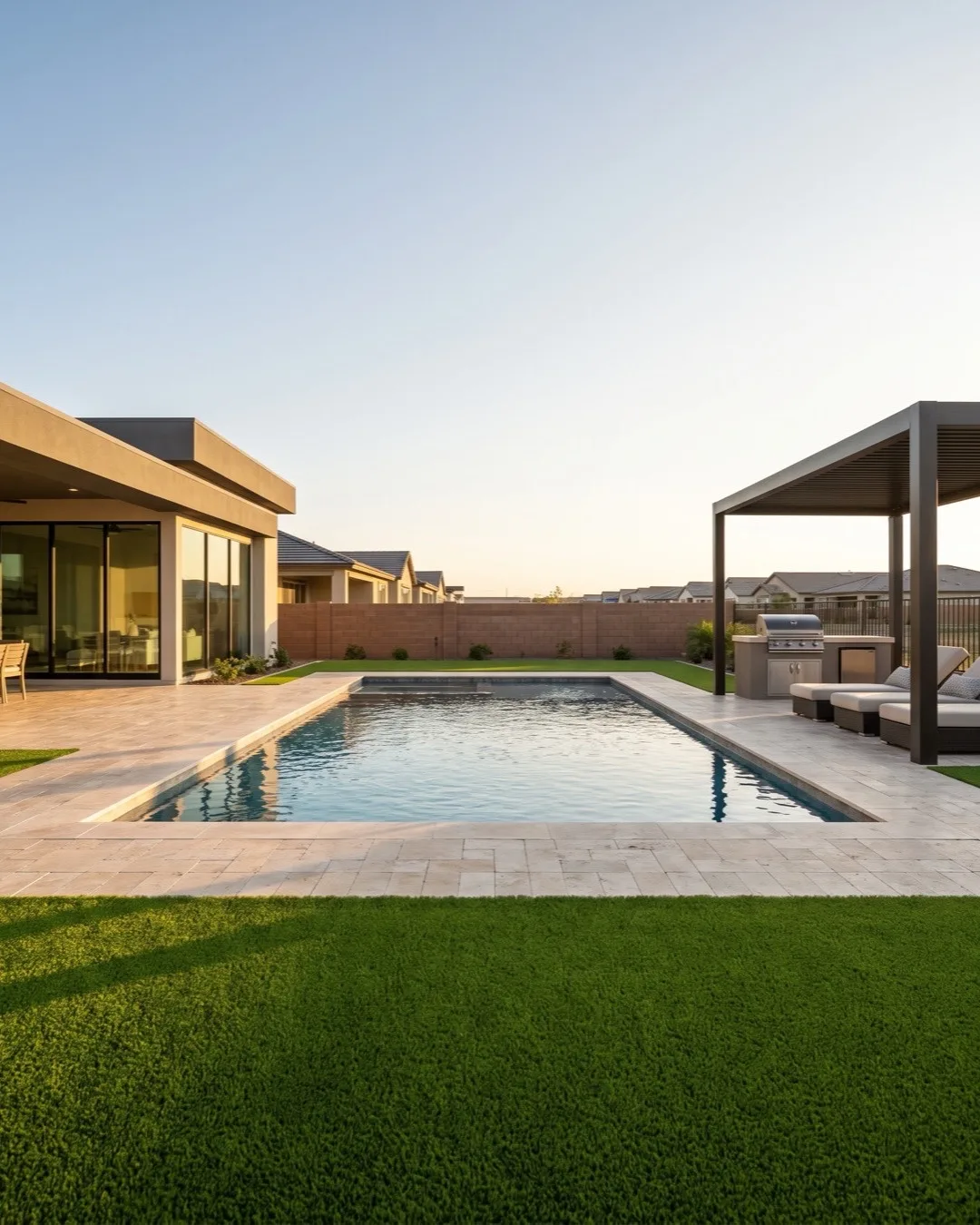 Artificial turf installed up to the stone coping of a backyard pool
