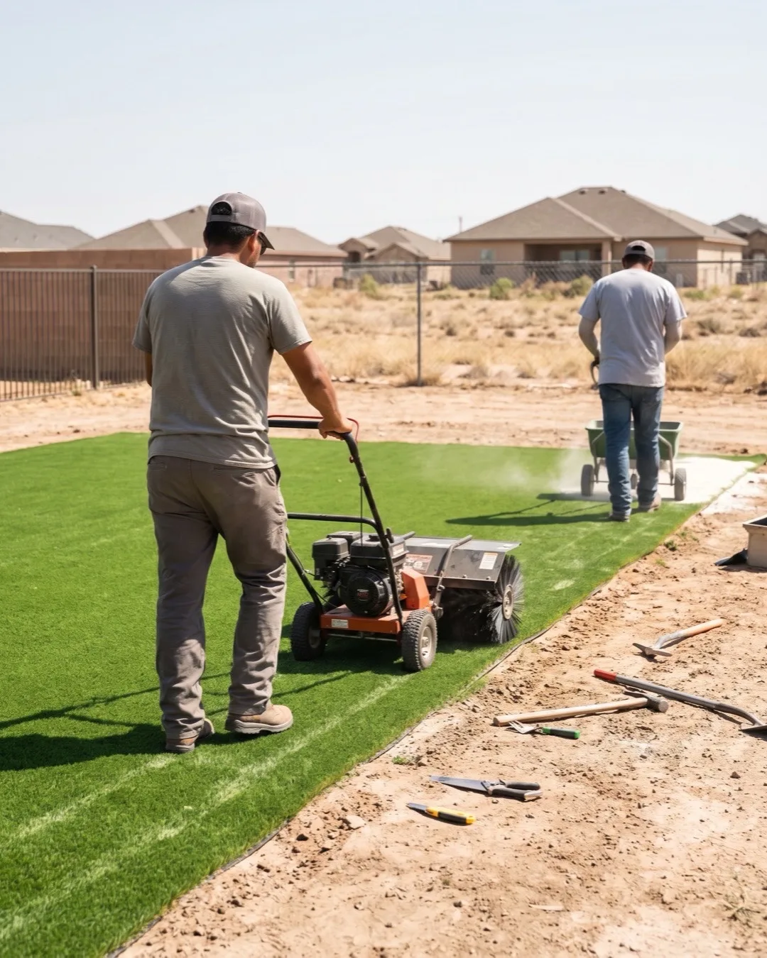 Technician power brooming infill into existing artificial turf